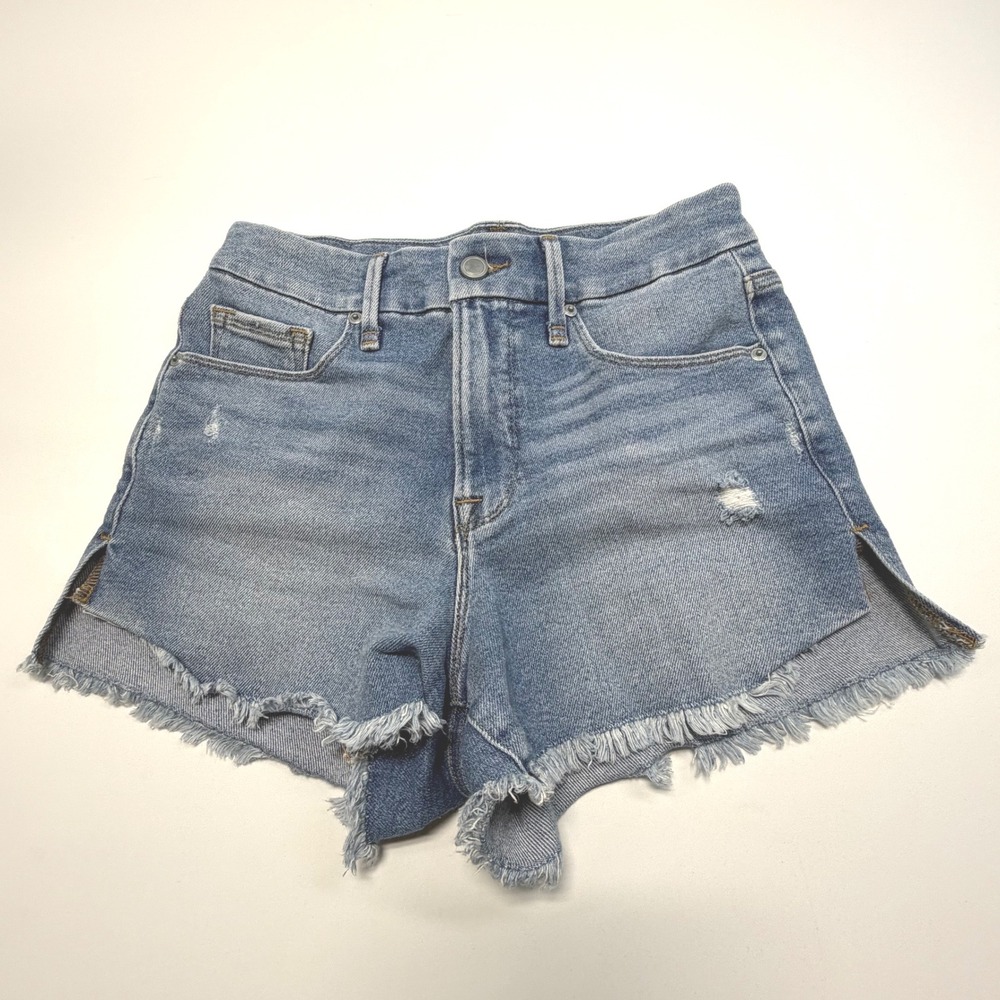 Good American High Rise Denim Shorts Size 0 Distressed Raw Hem‎ Stretch